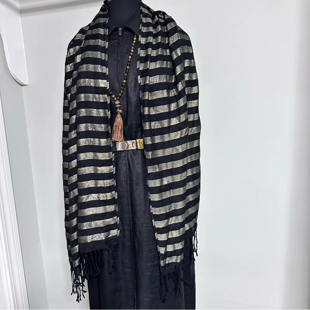 Women’s Elegant Black and Gold Metallic Striped Scarf Wrap Coverup 72x27 OS